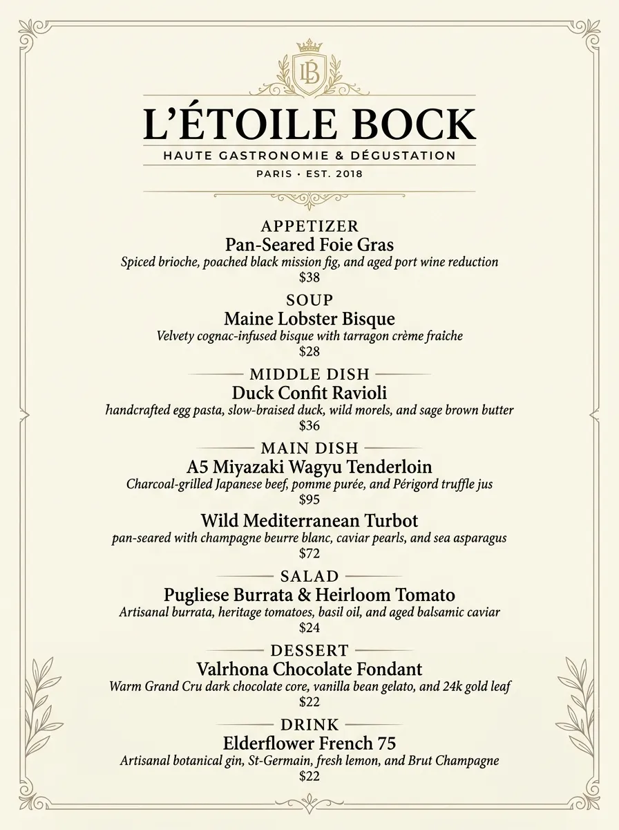 Elegant Fine-Dining Menu | Generated by Nano Banana 2 (Aspect ratio - 3:4)