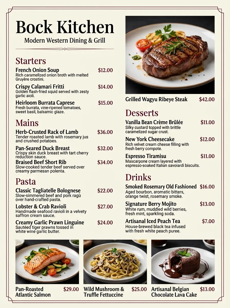 Modern Western Restaurant Menu | Generated by Nano Banana 2 (Aspect ratio - 3:4)